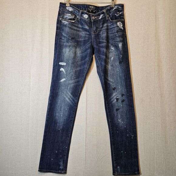 Thrill Jeans Womens 11  Distressed Paint Splatter Jeans Destroyed Rhinestones - Picture 1 of 12